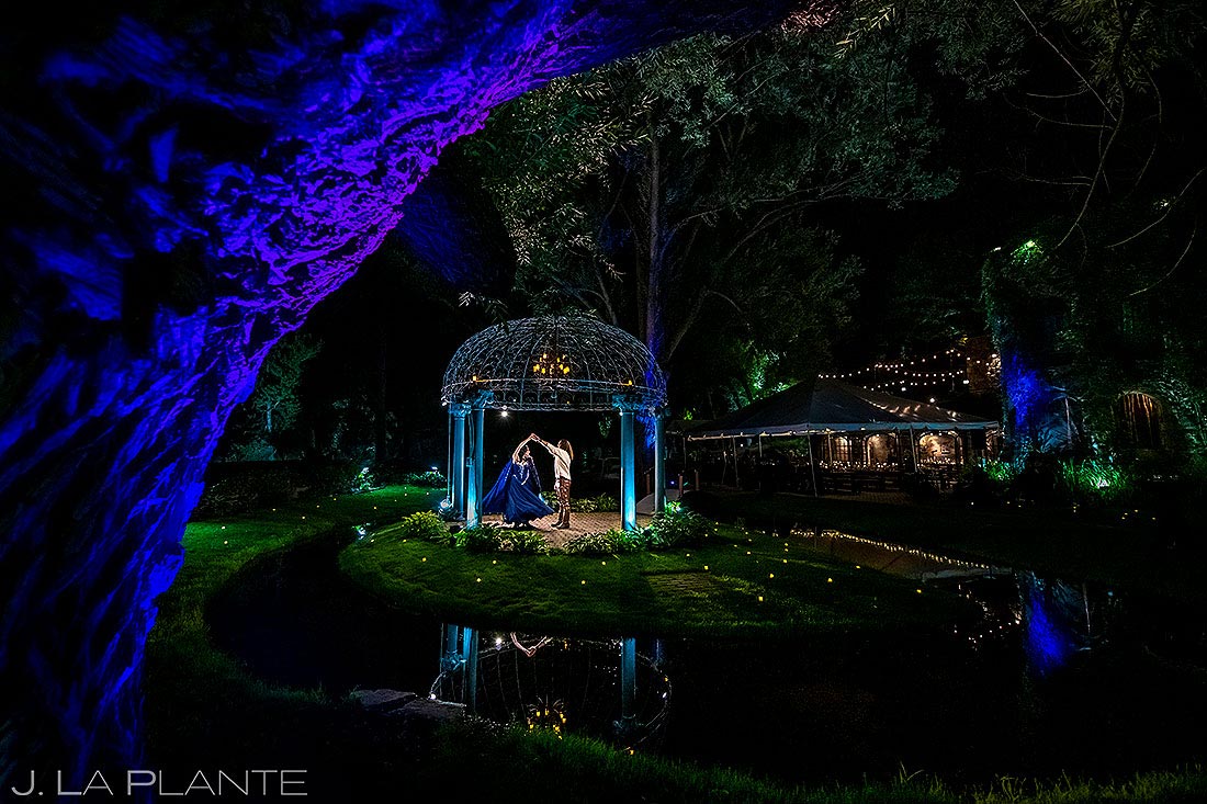 nighttime portrait of bride and groom at Dunafon Castle wedding