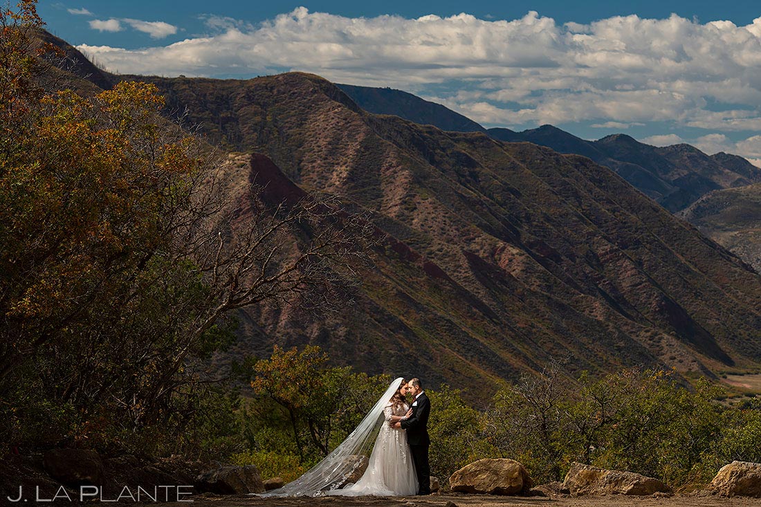 portrait of bride and groom in the Rocky Mountains