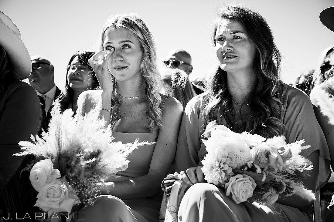 bride's sister crying during Telluride wedding ceremony