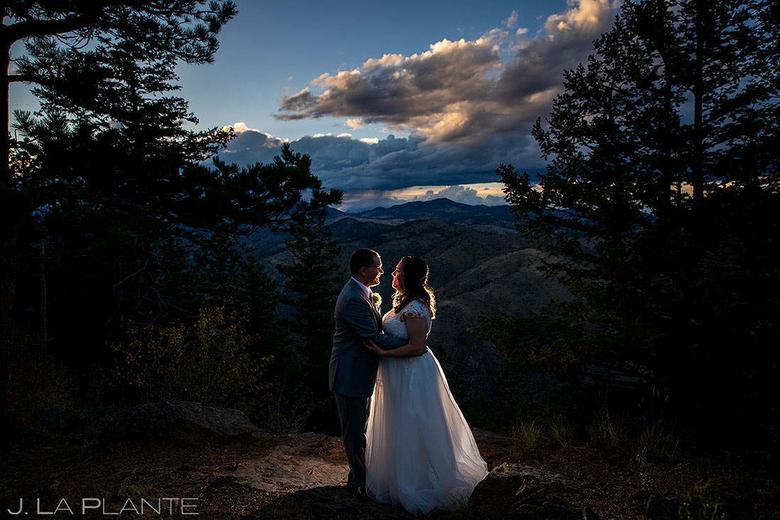 sunset portrait of bride and groom at fall wedding at Boettcher Mansion wedding