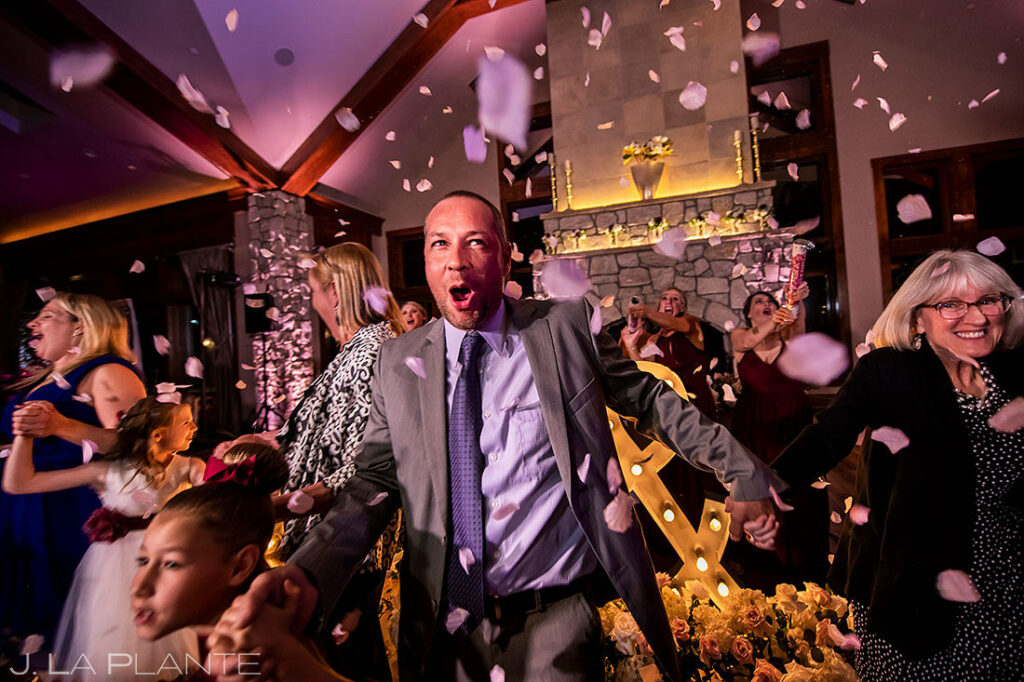 confetti cannons on the dancefloor at Cielo at Castle Pines wedding