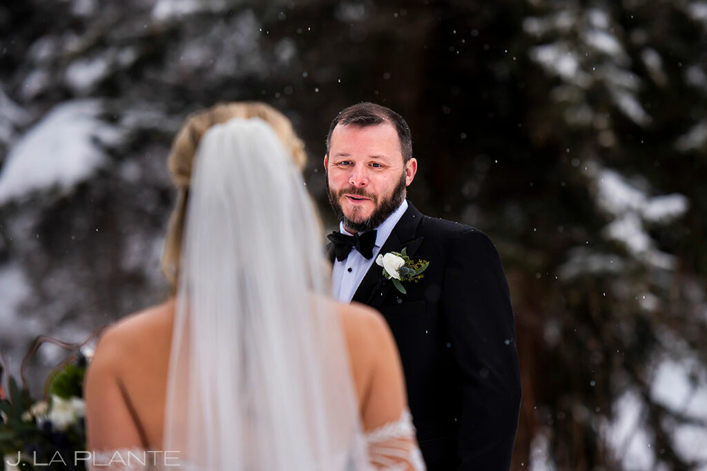 bride and groom first look in Vail, Colorado