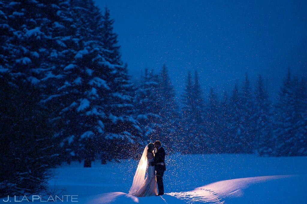 bride and groom portrait in the snow