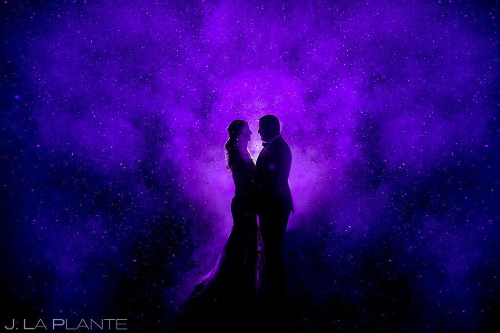 foggy nighttime portrait of bride and groom