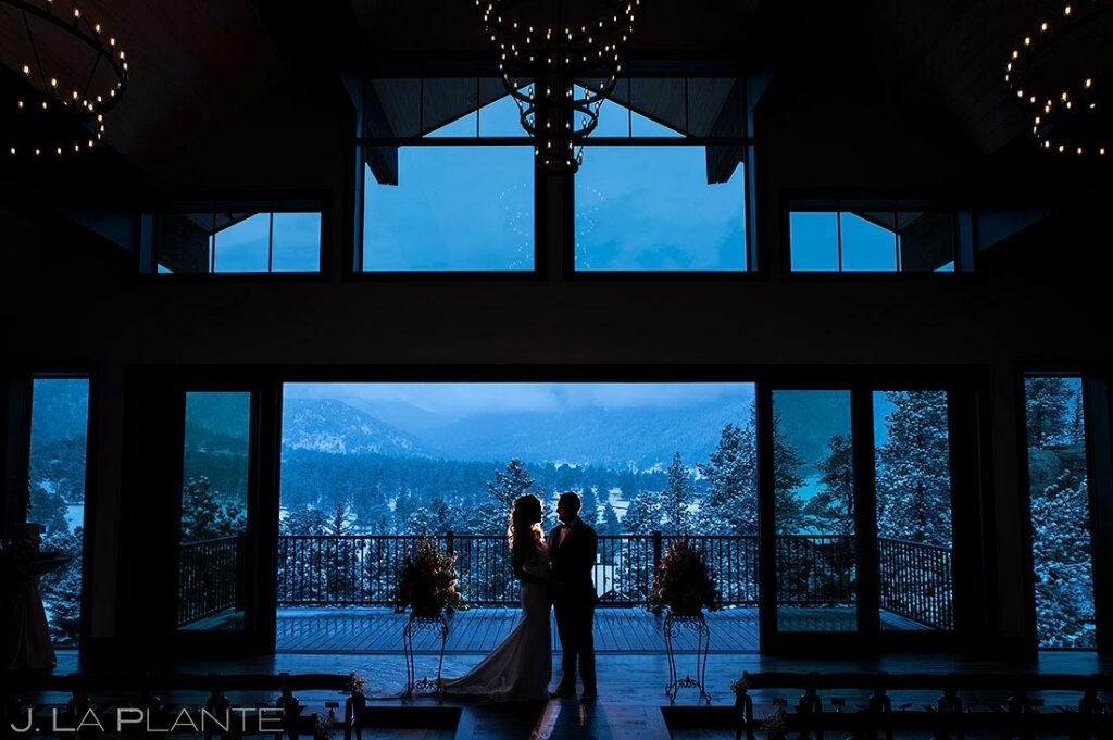 blue hour portrait of bride and groom in the snow