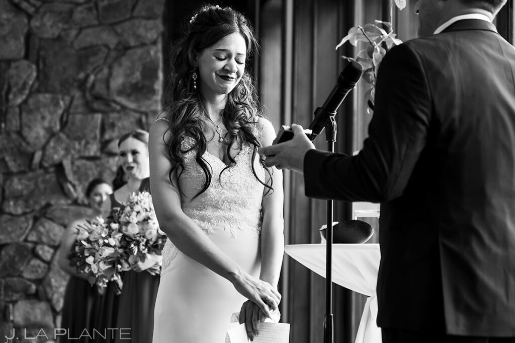 bride crying during spring wedding at The Boulders