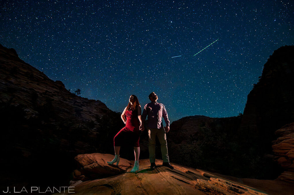 bride and groom under the stars during Zion engagement
