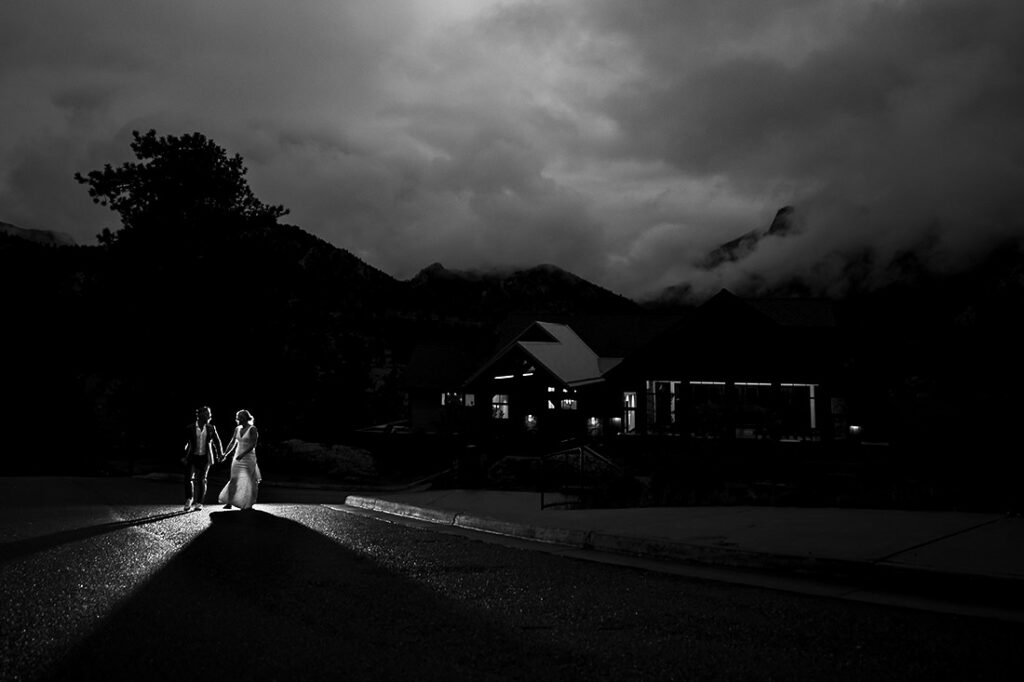 nighttime portrait of bride and groom at The Boulders Black Canyon Inn wedding