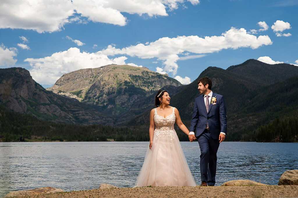 portrait of bride and groom at Grand Lake Lodge wedding