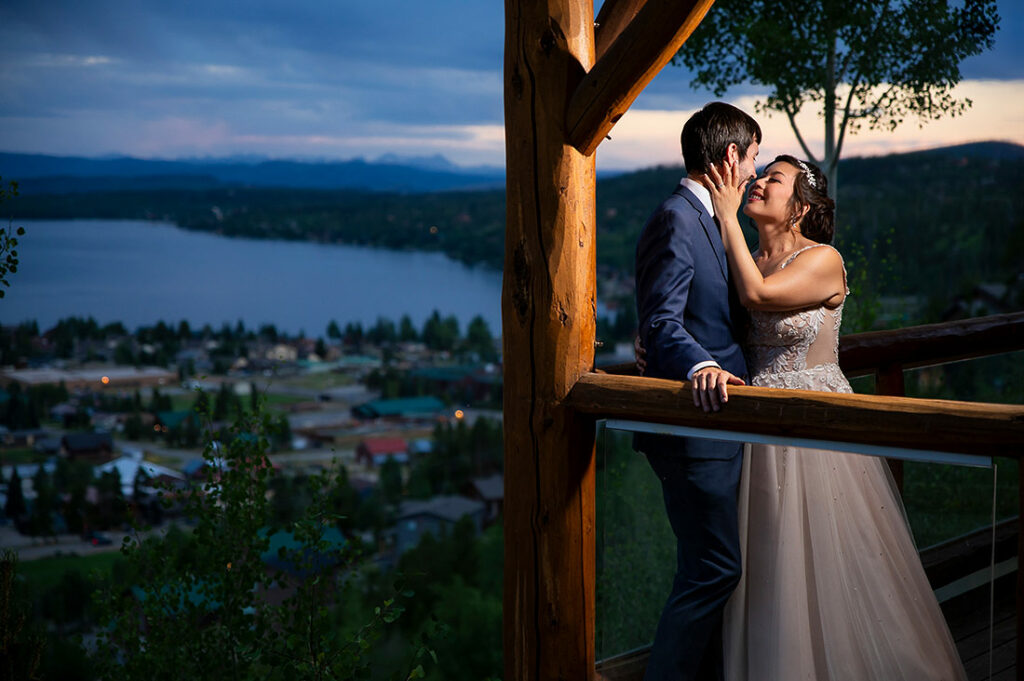 sunset portrait of bride and groom at Grand Lake Lodge wedding