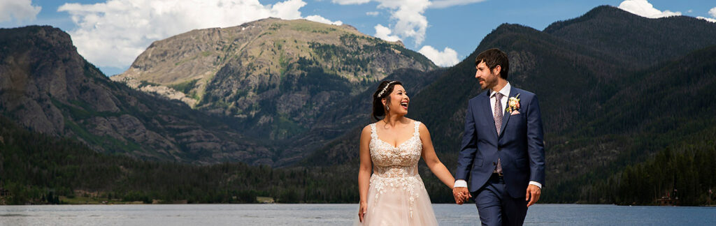 portrait of bride and groom at Grand Lake Lodge wedding