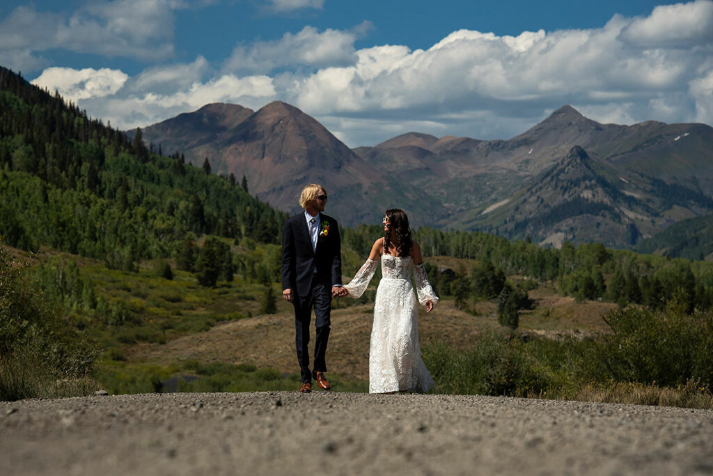 portrait of bride and groom in mountains at Crested Butte wedding