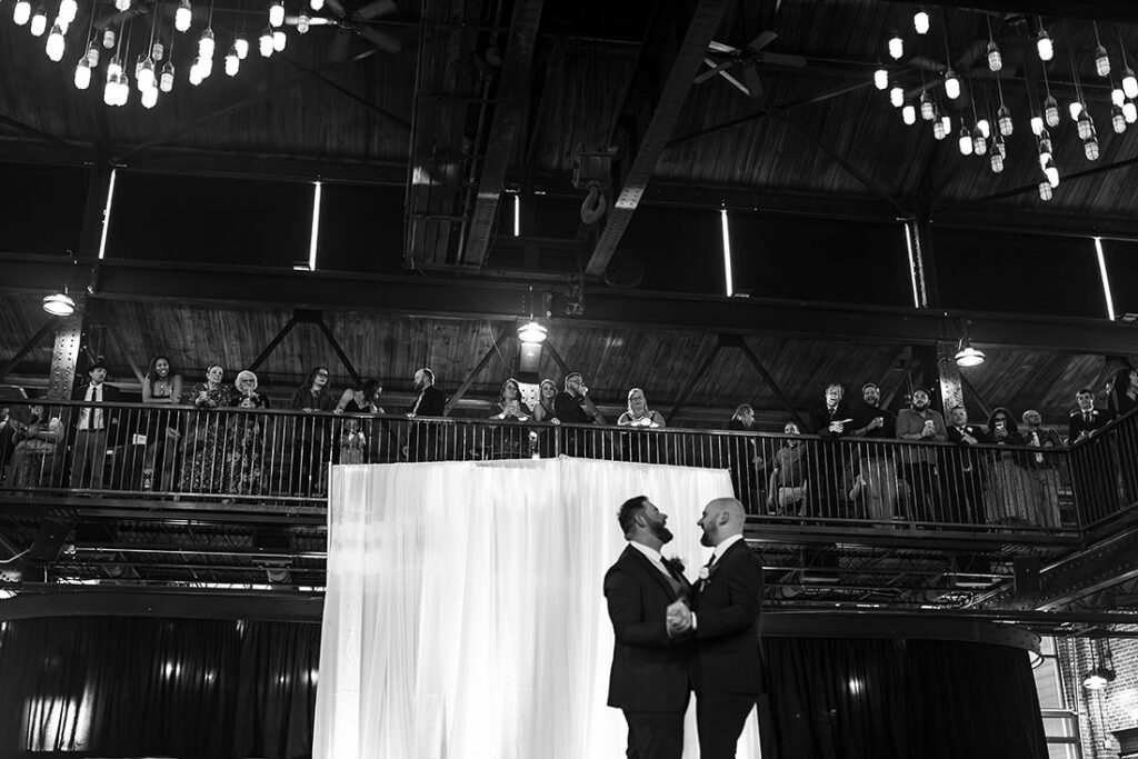 groom and groom first dance at Mile High Station wedding