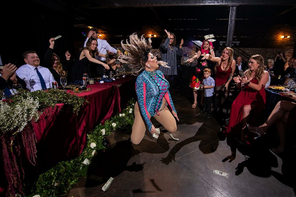 drag queen performing at Mile High Station wedding