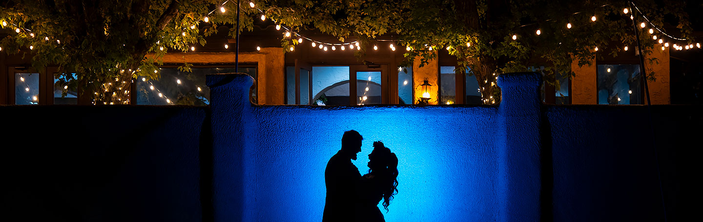nighttime portrait of bride and groom at Villa Parker wedding