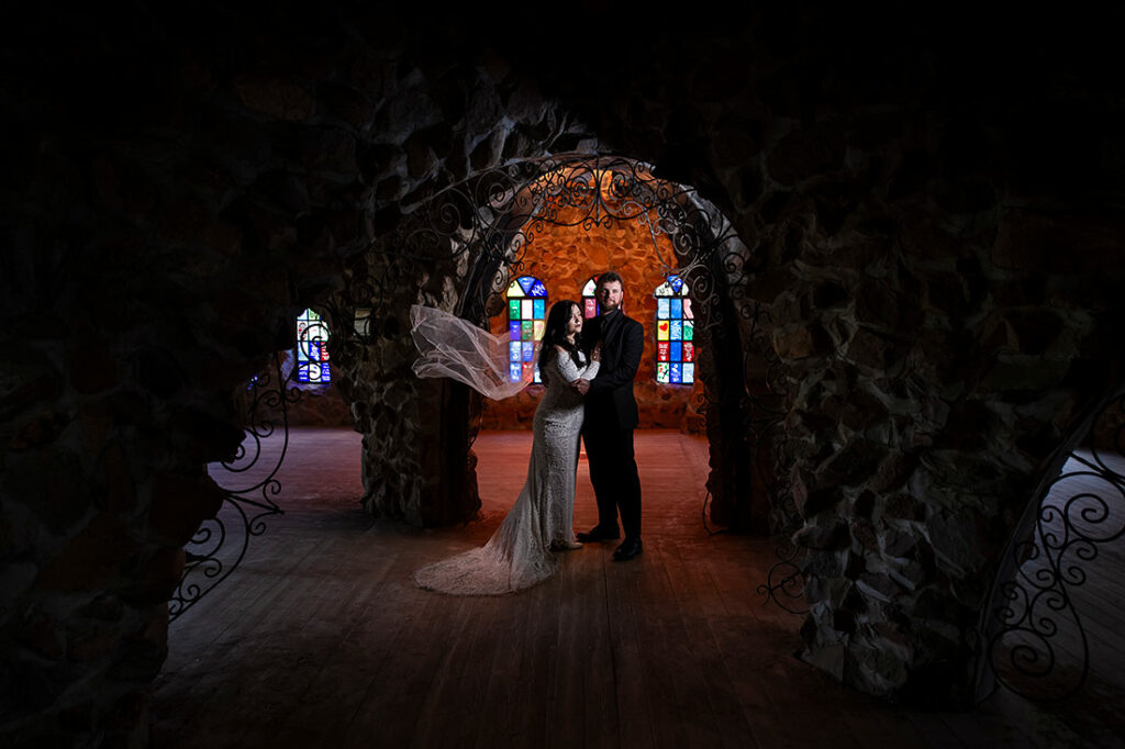 portrait of bride and groom at Bishop Castle wedding