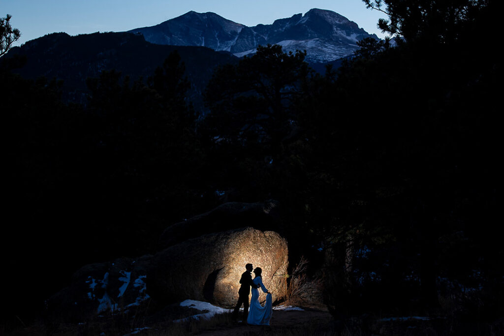 portrait of bride and groom at winter wedding at The Boulders