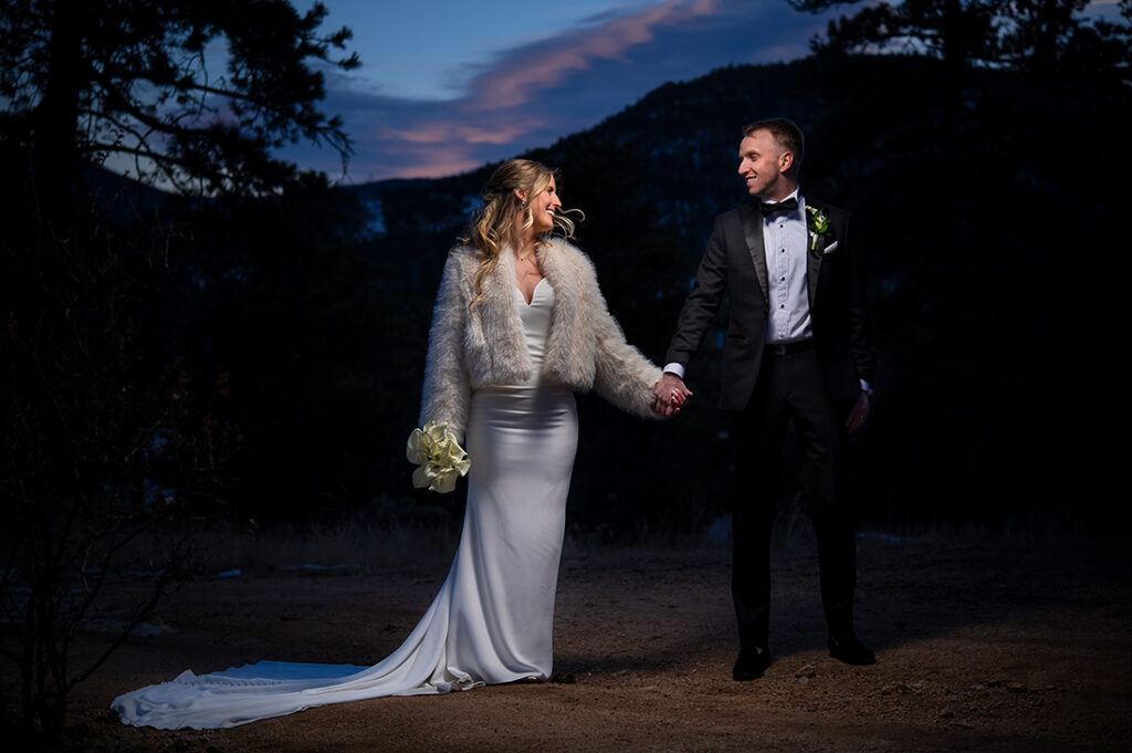 portrait of bride and groom at winter wedding at The Boulders