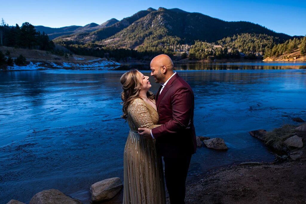 bride and groom to be embracing each other during Pueblo engagement session