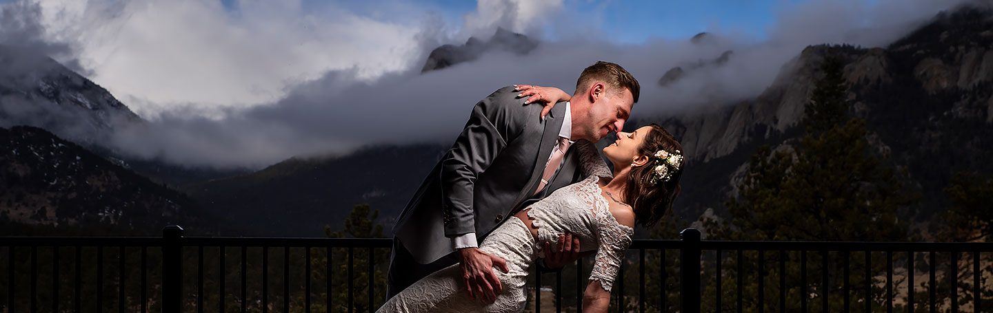 The Boulders Estes Park wedding portrait of bride and groom at mountain wedding venue