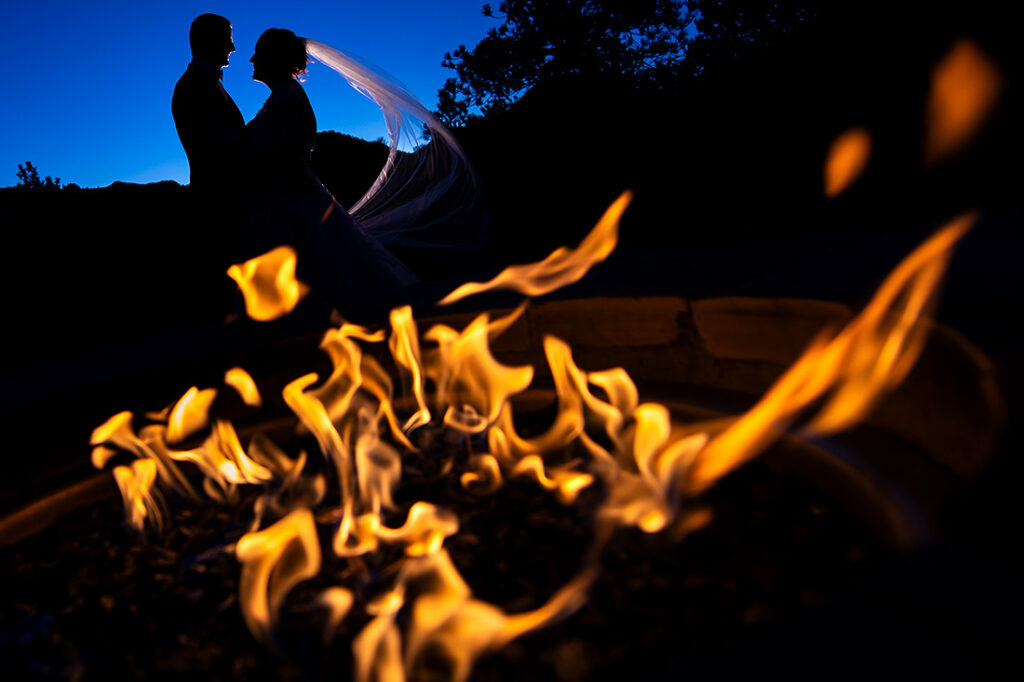blue hour portrait of bride and groom at Estes Park wedding at Black Canyon Inn