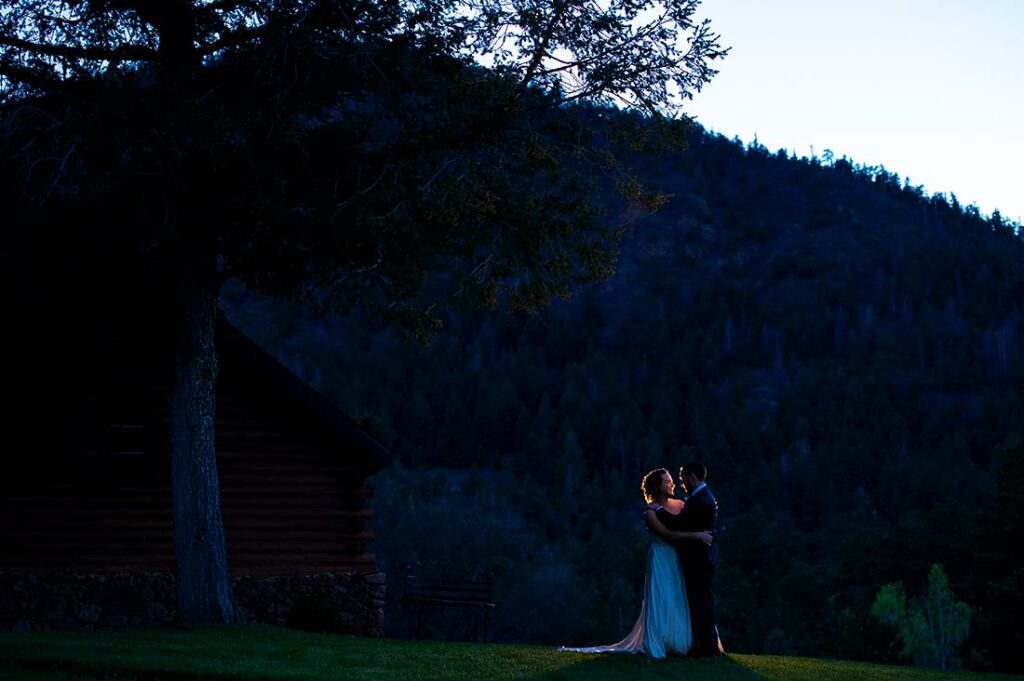 sunset portrait of bride and groom at Pinecrest wedding in Colorado Springs