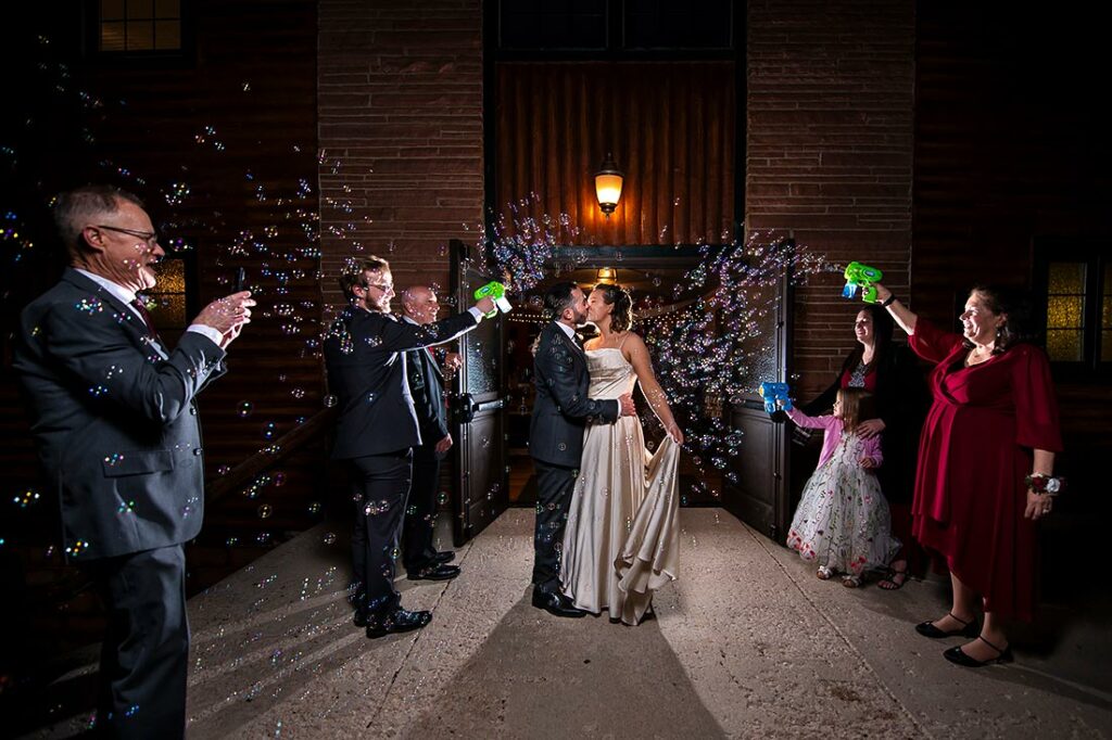 bride and groom bubble send off at Pinecrest wedding in Colorado Springs