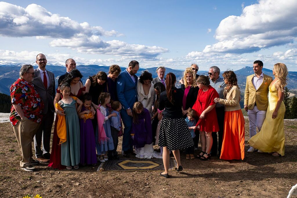 wedding photographer posing family at Echo Mountain wedding in Colorado