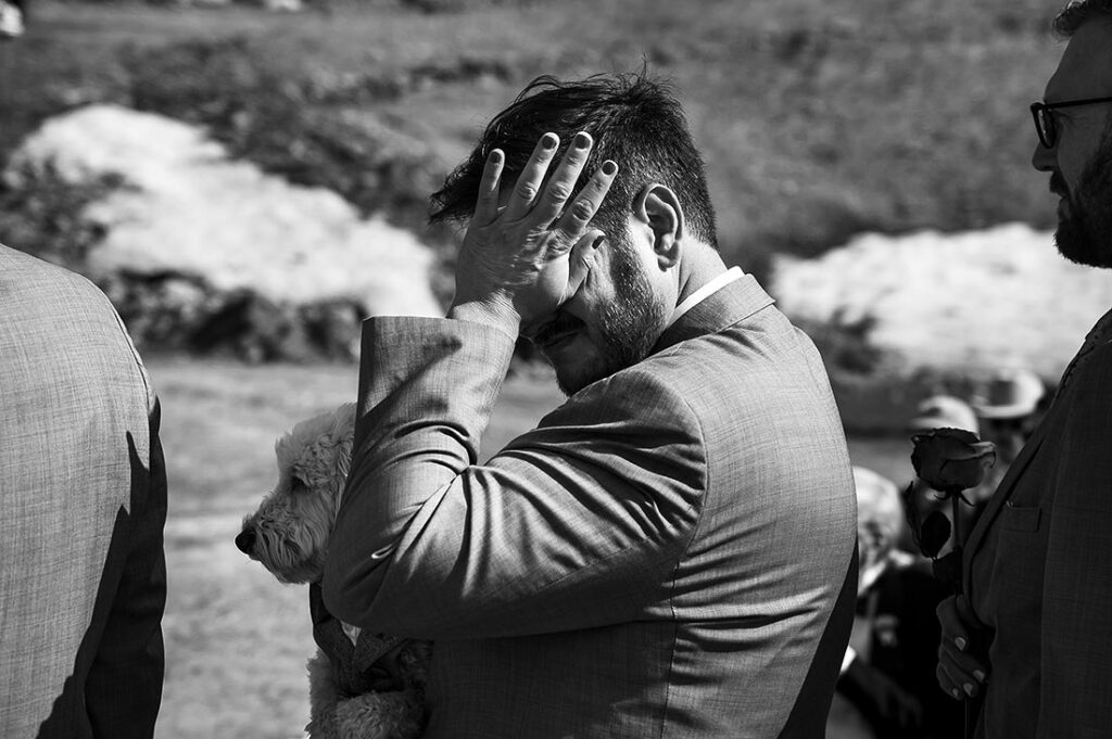 groom crying during Echo Mountain wedding ceremony